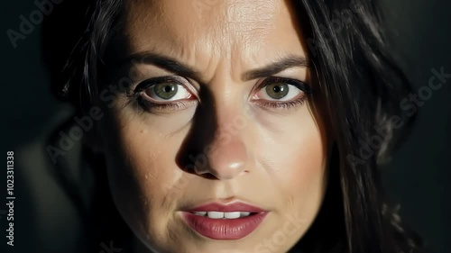 Woman with dark hair and pale skin stares ahead with a slightly surprised expression, side light casting shadows on half her face photo