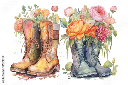 Watercolor rain boots. Rubber boots with floral bouquet.