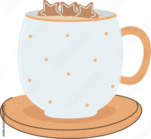 Christmas cocoa drink with gingerbread cookies. Cup with hot drink. Traditional warm cozy chocolate in a simple mug with stars with a stand. Flat illustration for winter holidays