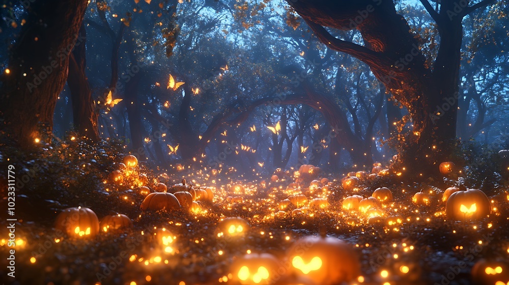 A whimsical cartoon-style enchanted forest at night, filled with glowing pumpkins scattered on the forest floor. Magical mist swirls around the pumpkins, A whimsical cartoon-style enchanted forest at night, filled with glowing pumpkins scattered on the forest floor. Magical mist swirls around the pumpkins,