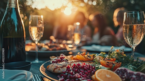Fototapeta Naklejka Na Ścianę i Meble -  Food photography , outdoor event in the garden ,early sunset , variety of colorful salads ,big pomegranate , grilled fish dishes , champagne bottle 