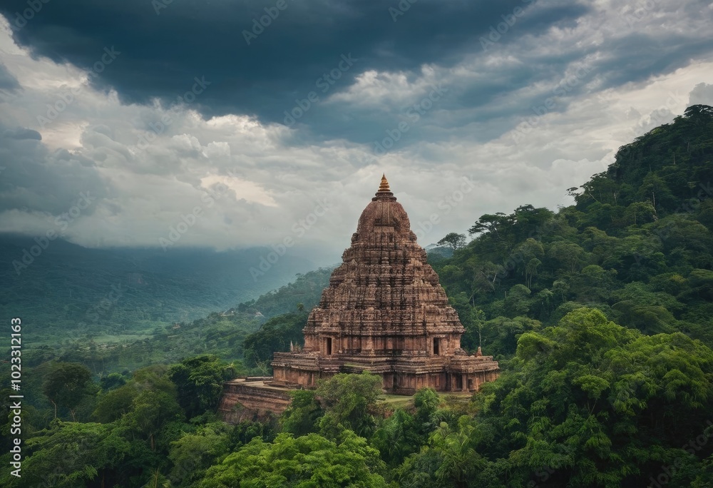 A serene landscape with Ravan's temple set against lush greenery and a cloudy sky A serene landscape with Ravan's temple set against lush greenery and a cloudy sky