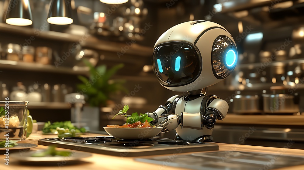 Friendly 3D Robot Chef Preparing Delicious Food Friendly 3D Robot Chef Preparing Delicious Food