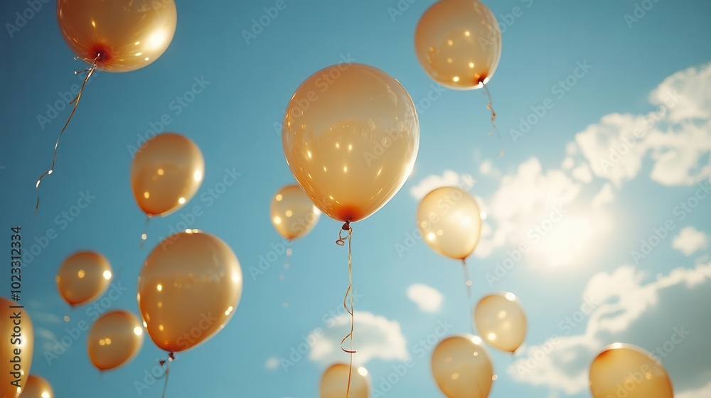 golden balloons float gracefully in a bright blue sky glistening in the sunlight the scene is festive with a whimsical touch capturing a moment of joy and celebration golden balloons float gracefully in a bright blue sky glistening in the sunlight the scene is festive with a whimsical touch capturing a moment of joy and celebration