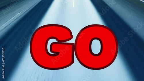 Word GO in comic style, written in bold red on a homogeneous road background with comic book-style speed lines leading into the distance, emphasizing motivation and action photo