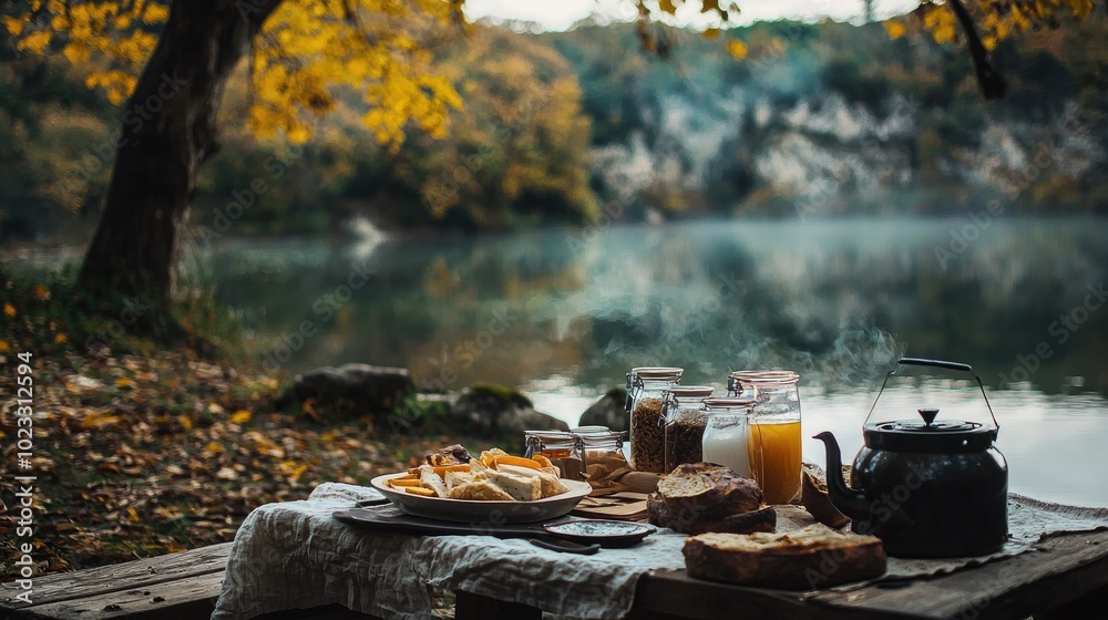 French food, French Pastoral, Camping, Autumn, By the lake, Photo style French food, French Pastoral, Camping, Autumn, By the lake, Photo style