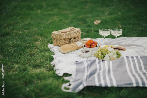 Cozy summer picnic on green meadow with fresh fruits, cheese and cold champagne. photo