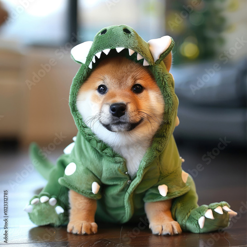 A heartwarming photo of a Shiba Inu puppy dressed as a dinosaur, suitable for creating content that promotes pet ownership and love for animals photo