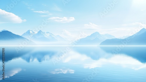 Calm blue lake with reflections of the summer sky and mountains. Ample space for text in the sky