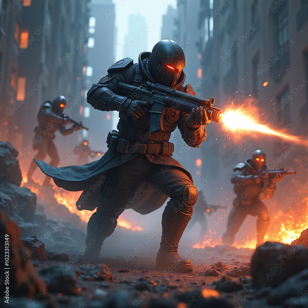 Epic action scene, a group of cybernetic combatants shoot at their enemies in a war-torn city, High detail illustration Epic action scene, a group of cybernetic combatants shoot at their enemies in a war-torn city, High detail illustration