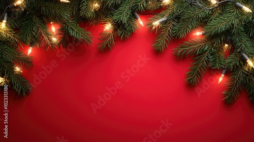 Christmas tree branches with twinkling lights on a red background. Ample space for holiday wishes