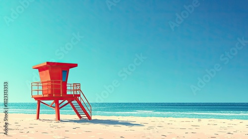 Classic lifeguard stand on a bright sunny beach. Ample space for text in the clear blue sky