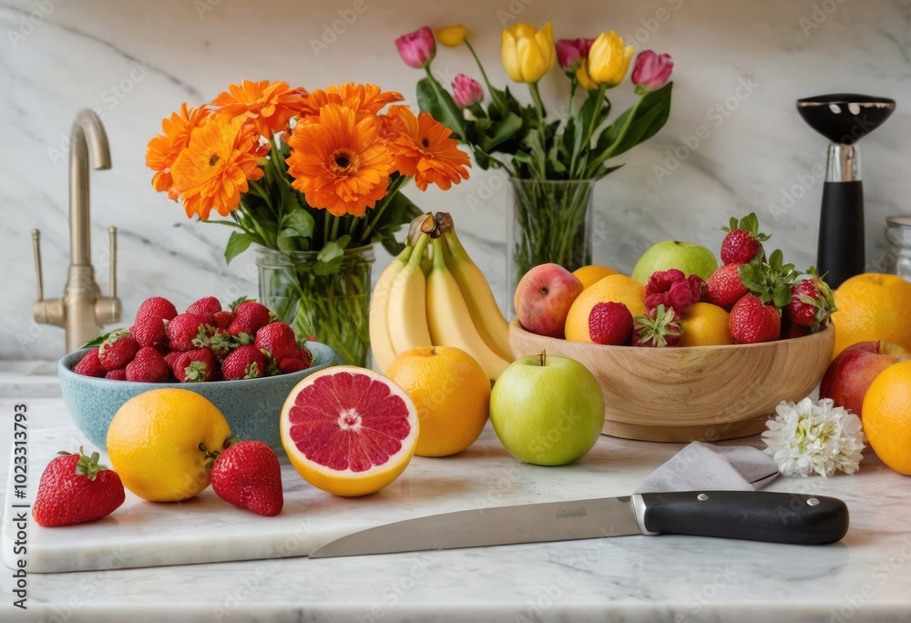 A perfectly arranged flat lay of vibrant, freshly cut fruits on a marble countertop, with colorful flowers and kitchen tools nearby A perfectly arranged flat lay of vibrant, freshly cut fruits on a marble countertop, with colorful flowers and kitchen tools nearby