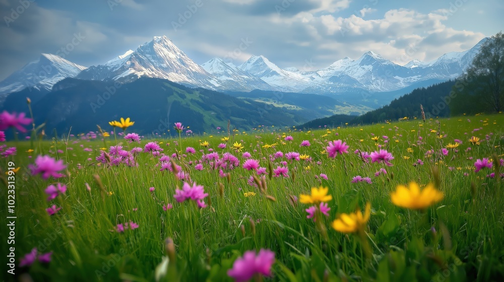 Fototapeta premium Landscape of the Alpine mountains during springtime, with a vast meadow filled with wildflowers