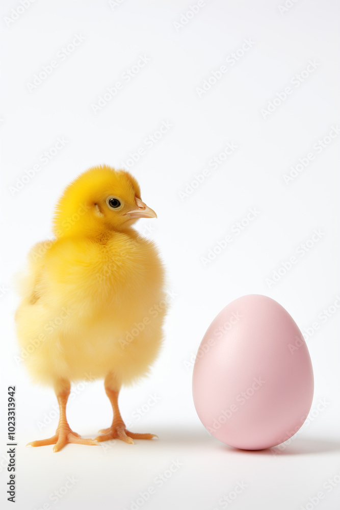 Easter chick standing next to a pink egg on a light background