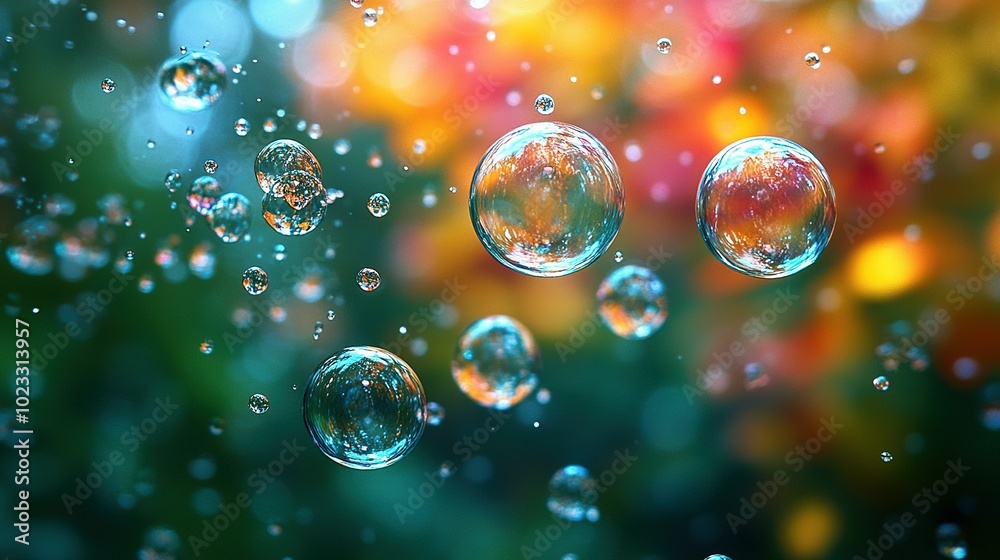 Water Droplets Suspended in Air with a Colorful Bokeh Background Water Droplets Suspended in Air with a Colorful Bokeh Background
