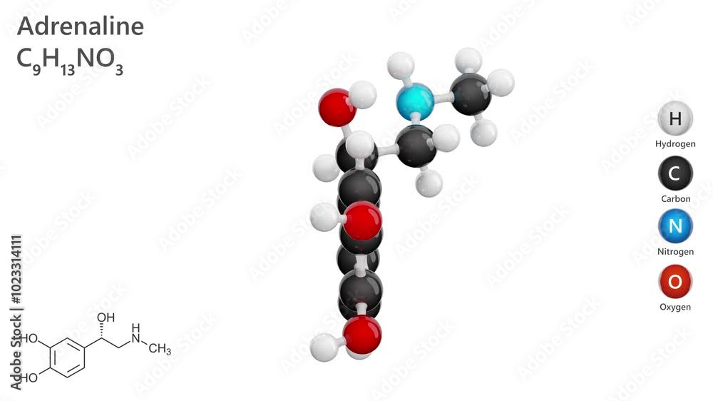 Molecule of Adrenaline (C9H13NO3), is a key catecholamine hormone and neurotransmitter produced by the adrenal glands. Chemical model: Ball and Stick. White background. 3d render. Seamless loop Molecule of Adrenaline (C9H13NO3), is a key catecholamine hormone and neurotransmitter produced by the adrenal glands. Chemical model: Ball and Stick. White background. 3d render. Seamless loop