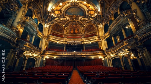 Grand opera house interior featuring sweeping arches and intricate architectural details