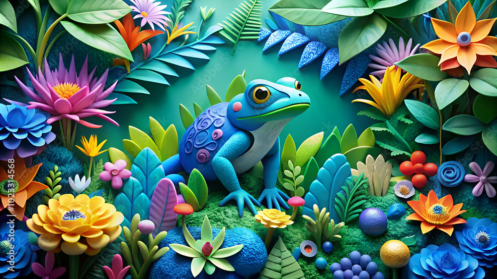 A vibrant, paper-crafted garden with a blue poison dart frog. A vibrant, paper-crafted garden with a blue poison dart frog.