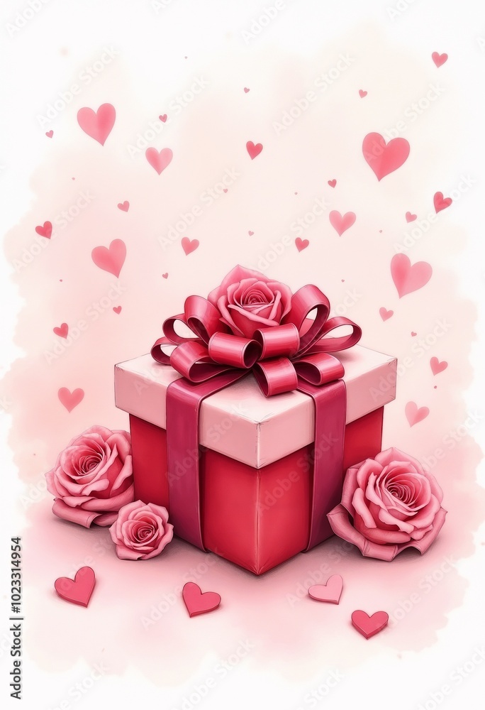 Stunningly Wrapped Valentine's Gift with Roses and Hearts, Romantic Postcard Scene