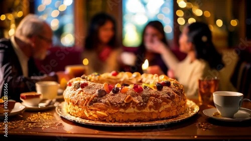 Family members enjoy the traditional Rosca de Reyes at the table, smiling as they share the festive dessert topped with vibrant candied fruit.