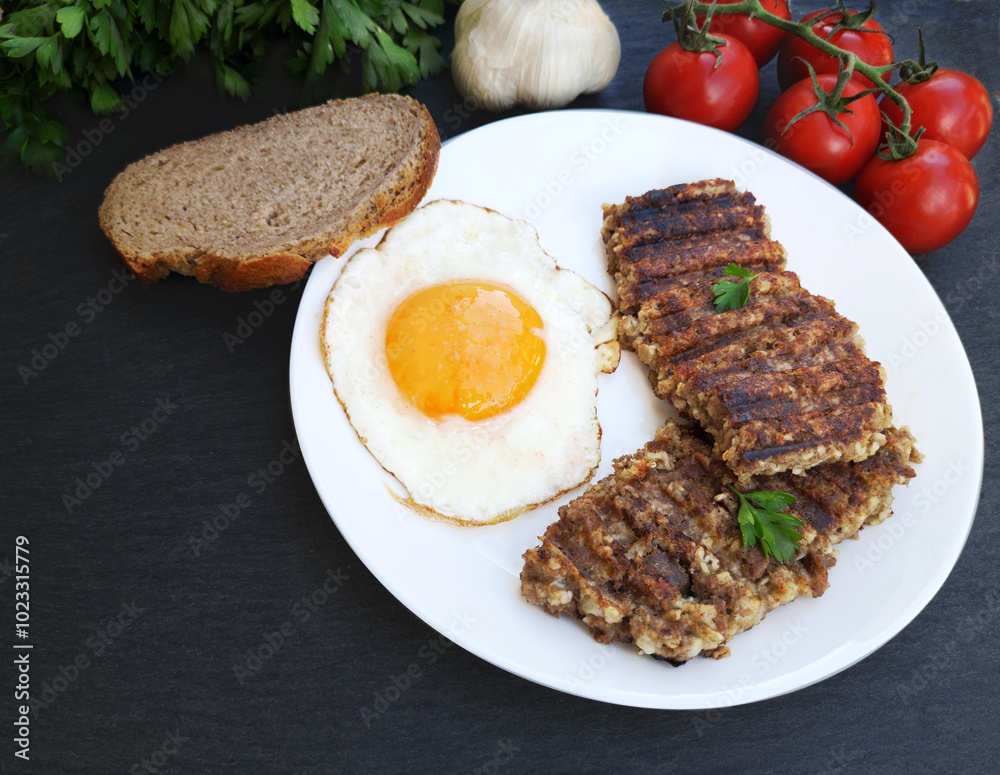 Breakfast with goetta and fried egg Breakfast with goetta and fried egg