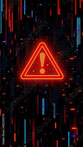 neon warning sign with exclamation mark against futuristic digital background technology cyber security concept vertical format photo