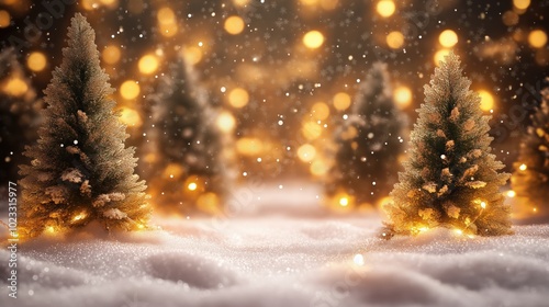 Classic winter Christmas background featuring a snow-covered forest illuminated by soft, glowing lights