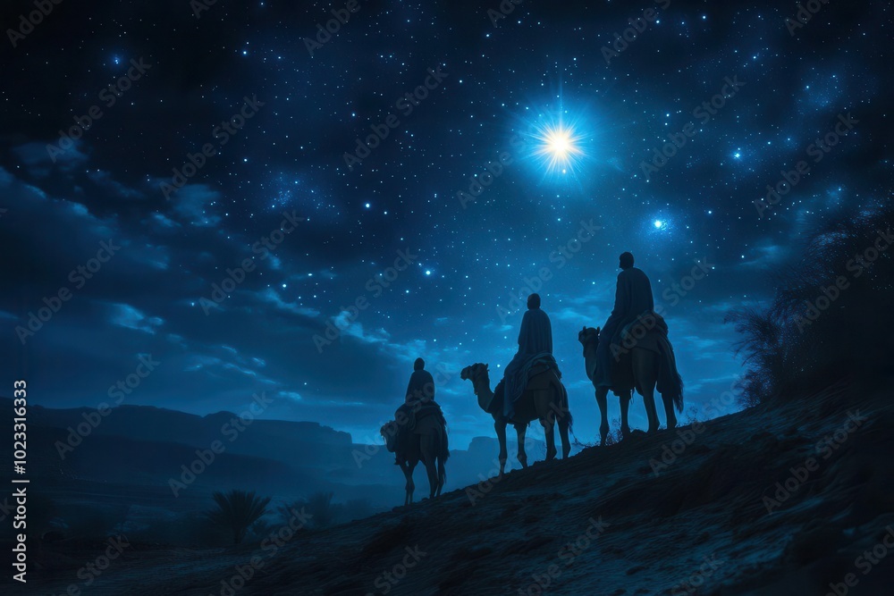 custom made wallpaper toronto digitaldramatic silhouette of three wise men journeying on camels under a starry night sky following a radiant star conveying a sense of purpose and reverence on their sacred quest