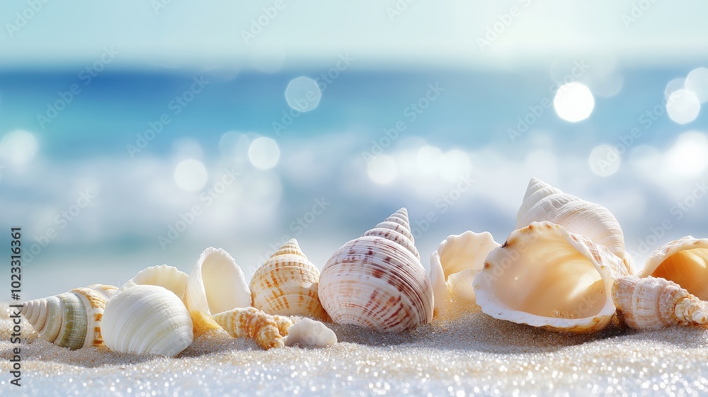 Peaceful beach scene with seashells of various shapes and colors scattered across the golden sand605615d3d7ec Peaceful beach scene with seashells of various shapes and colors scattered across the golden sand605615d3d7ec