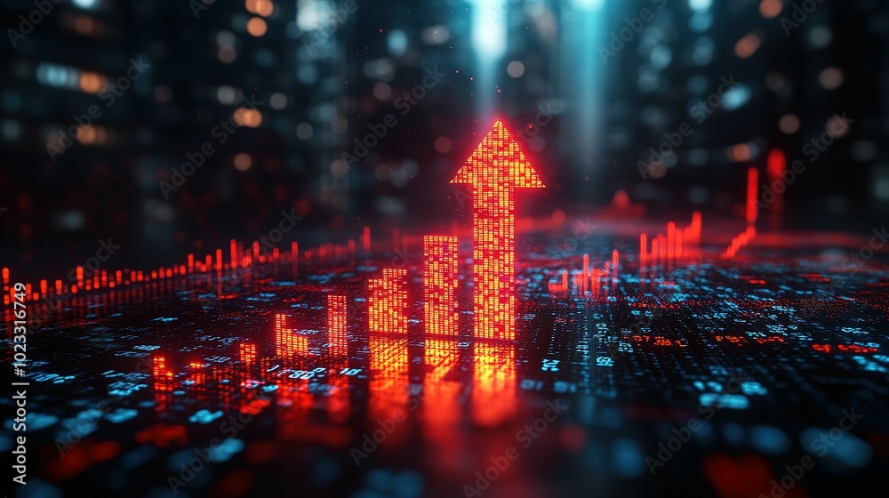 Fototapeta premium Red Up Arrow with Bar Chart on a Digital Background