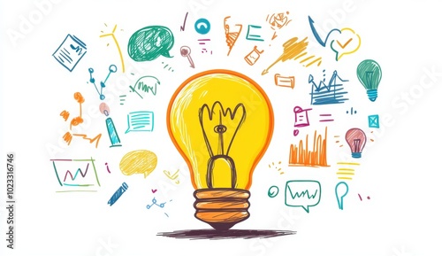 Hand-drawn Illustration of a Lightbulb Surrounded by Colorful Doodles