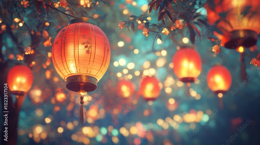 Obraz premium Vibrant red lanterns swaying in the wind, surrounded by colorful bokeh and a festive celebration in the background, glowing softly under soft lighting.