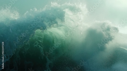 Massive ocean wave crashing, water droplets suspended in the air photo