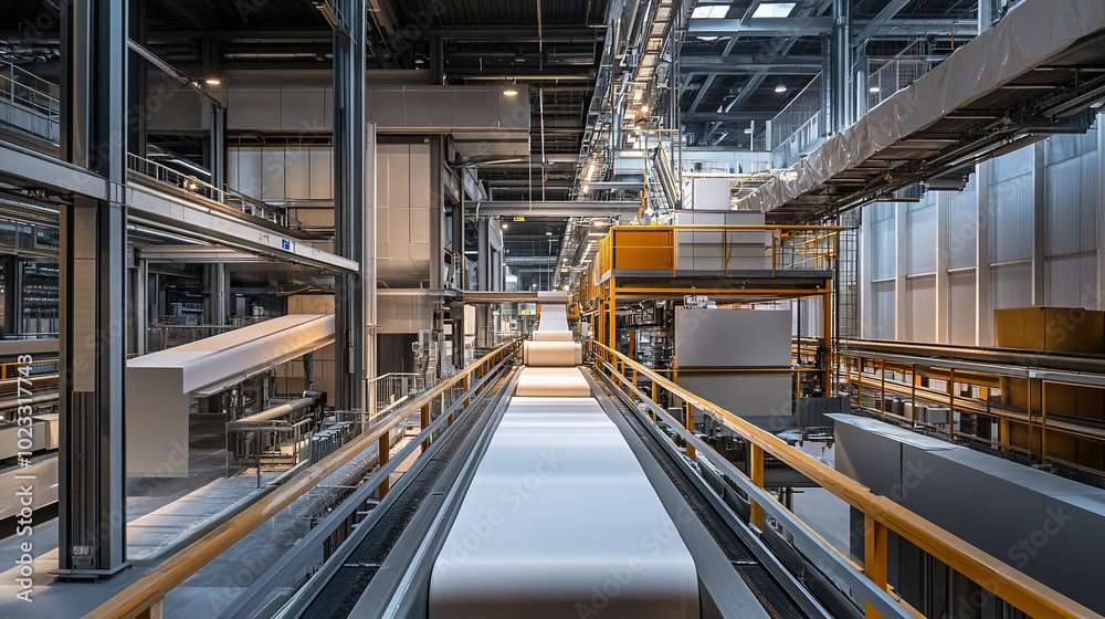 Paper production line in a modern factory, depicting the transformation of raw materials into paper products Paper production line in a modern factory, depicting the transformation of raw materials into paper products