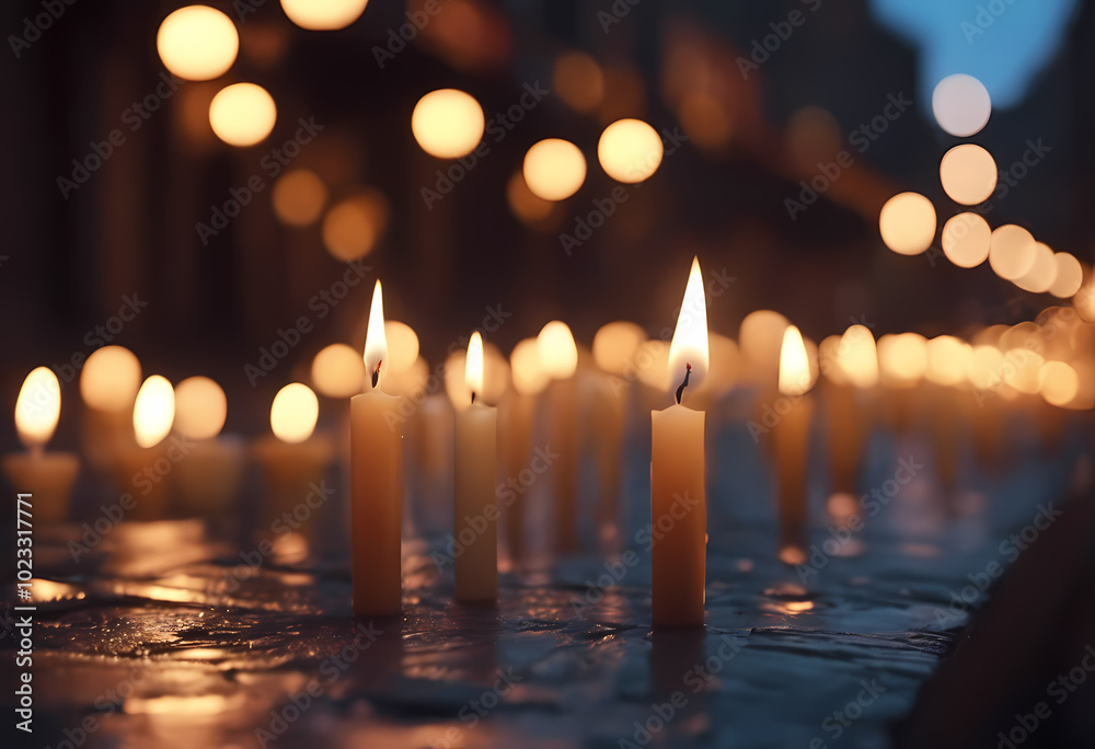 Lit Candle with Bokeh Background of Flickering Flames Lit Candle with Bokeh Background of Flickering Flames