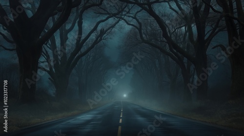 Lonely road stretches through an ominous dark forest photo