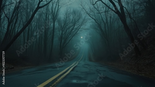 Lonely road stretches through an ominous dark forest photo