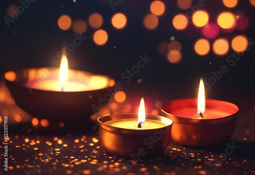 Lit Candle with Bokeh Background of Flickering Flames