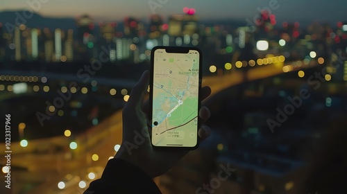 Aerial view of a smartphone displaying a map with a highlighted route, showcasing location sharing feature. GPS,geotag,digital,mobile,app,Navigation, Travel