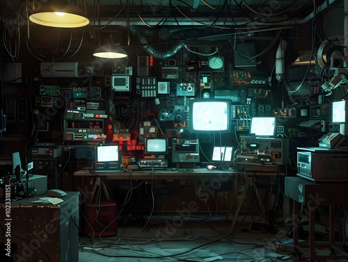 Gritty Hacker s Lair in Abandoned Warehouse Filled with High Tech Gadgets and Flickering Screens photo