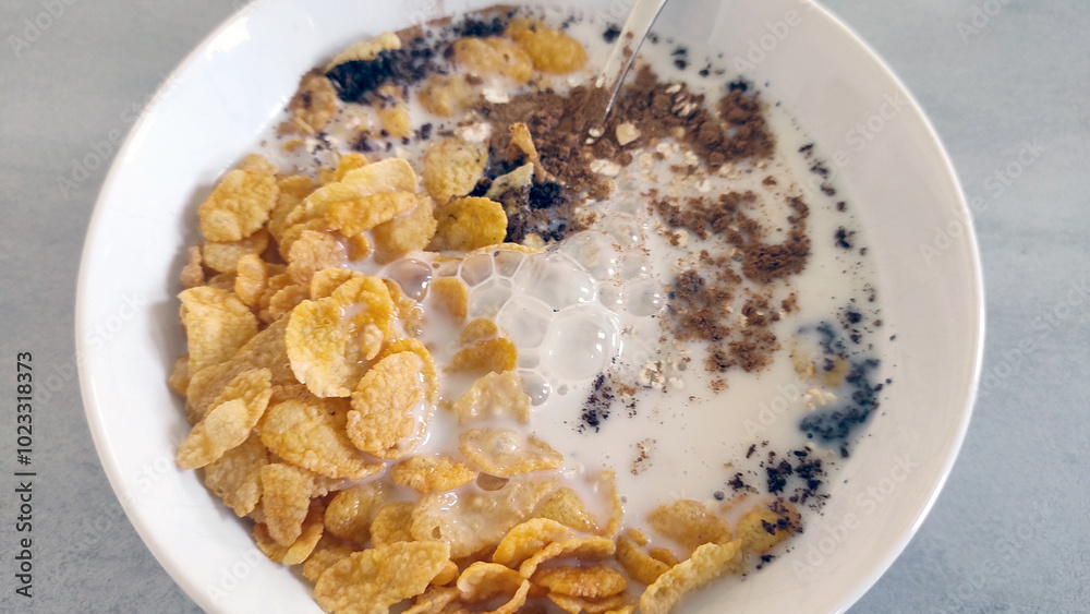 Frühstücksbowl mit Haferflocken, Cornflakes , Zimt und Saaten Frühstücksbowl mit Haferflocken, Cornflakes , Zimt und Saaten
