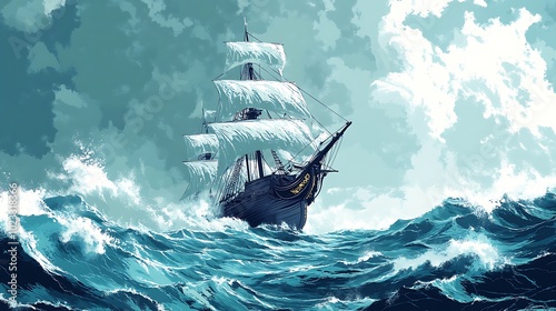 Detailed Illustration of a Pirate Ship in Stormy Seas