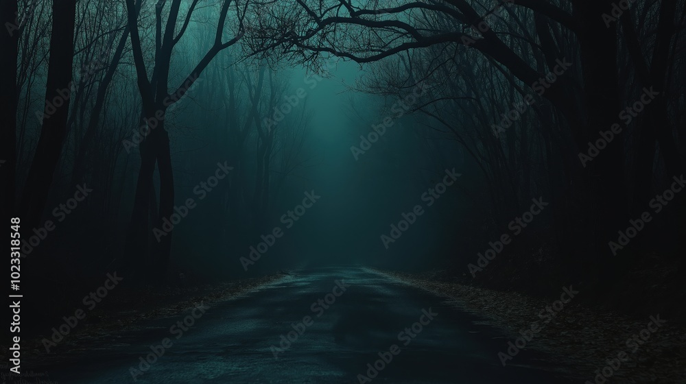 Lonely road stretches through an ominous dark forest