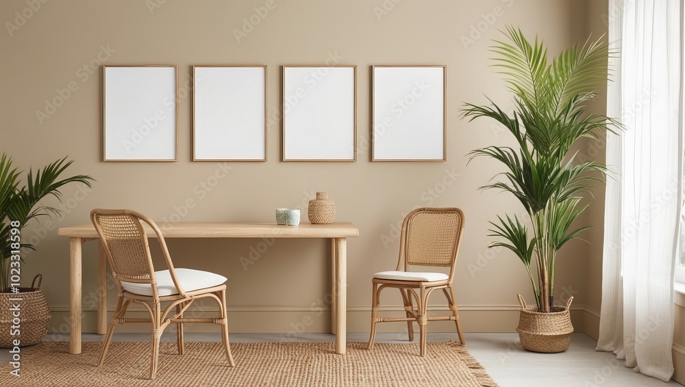 Cozy tropical home office interior design with poster frame