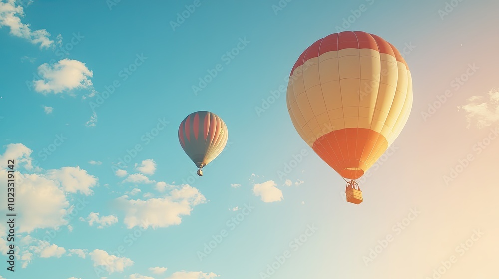Fototapeta premium Hot air balloons rising into the summer sky, with clear space for copy. Bright and adventurous summer scene
