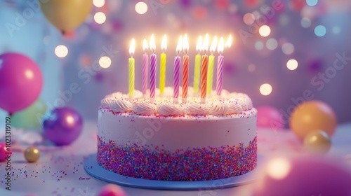 Birthday cake decorated with colorful sprinkles, topped with ten lit candles glowing warmly in the dim light photo