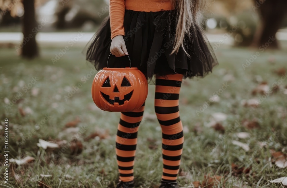 Obraz premium Young Girl in a Halloween Costume Holding a Jack-o'-Lantern