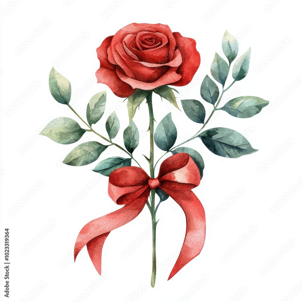 Elegant Red Rose with Green Leaves and Bow Elegant Red Rose with Green Leaves and Bow