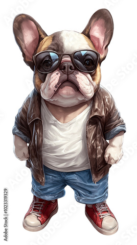 Cool French Bulldog Wearing Sunglasses  Leather Jacket  Jeans  and Sneakers photo